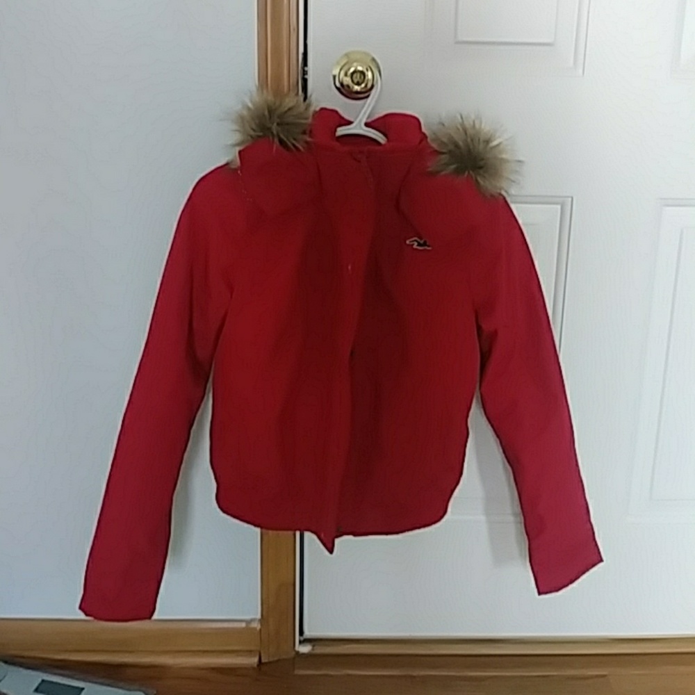 Hollister red bomber winter jacket with fur hood